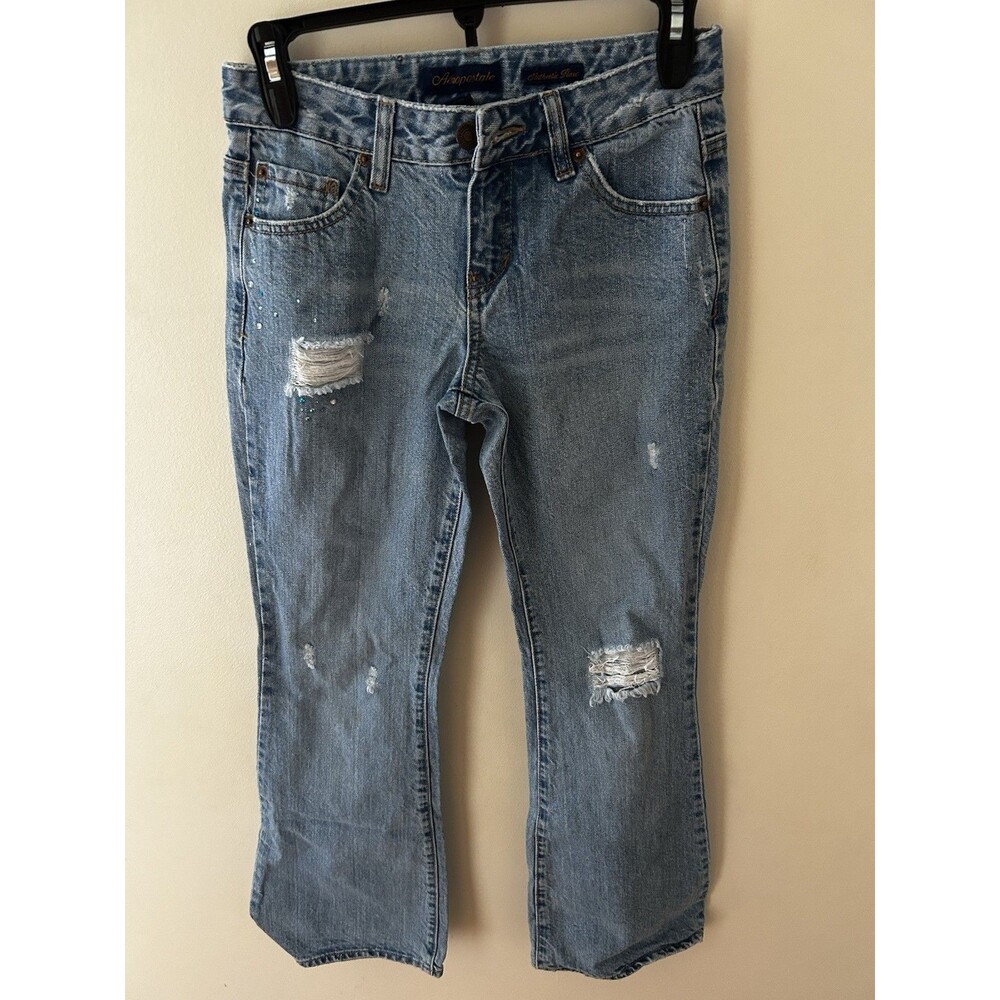 VTG Y2K Aeropostale Jeans Women 00S Blue Denim Pants Low Rise Flare Rhinestone
